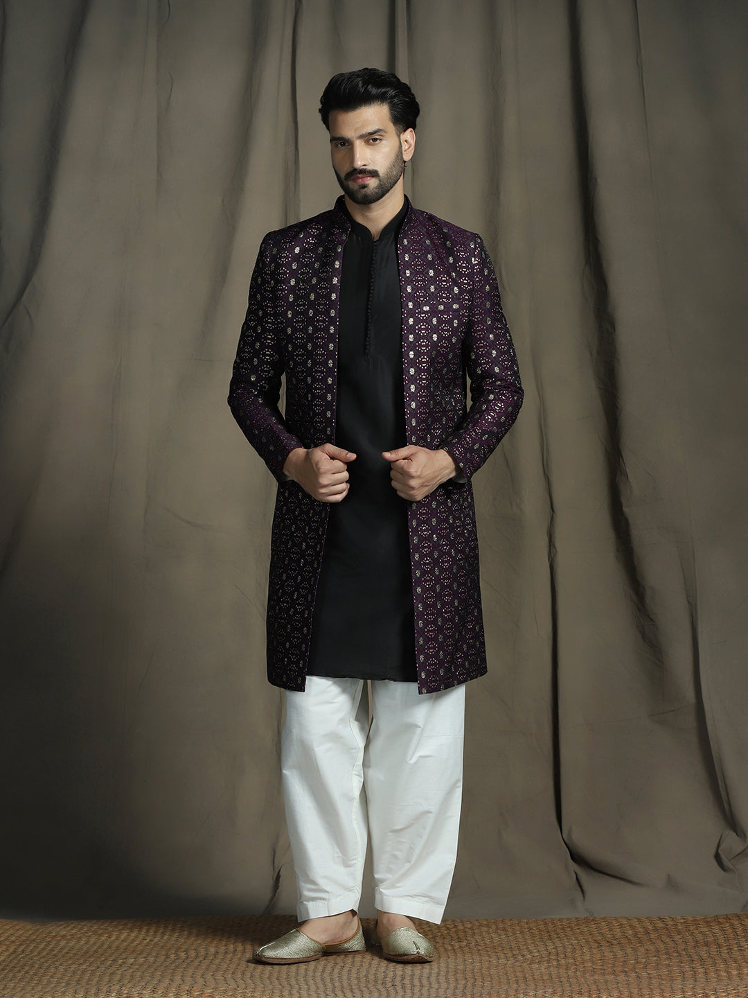 Purple Jacquard Reception Sherwani Set for Men | SHOBITAM