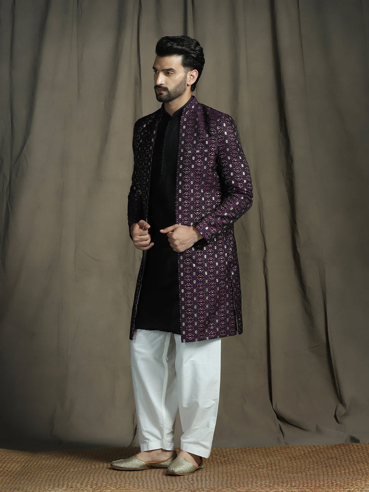 Purple Jacquard Reception Sherwani Set for Men | SHOBITAM