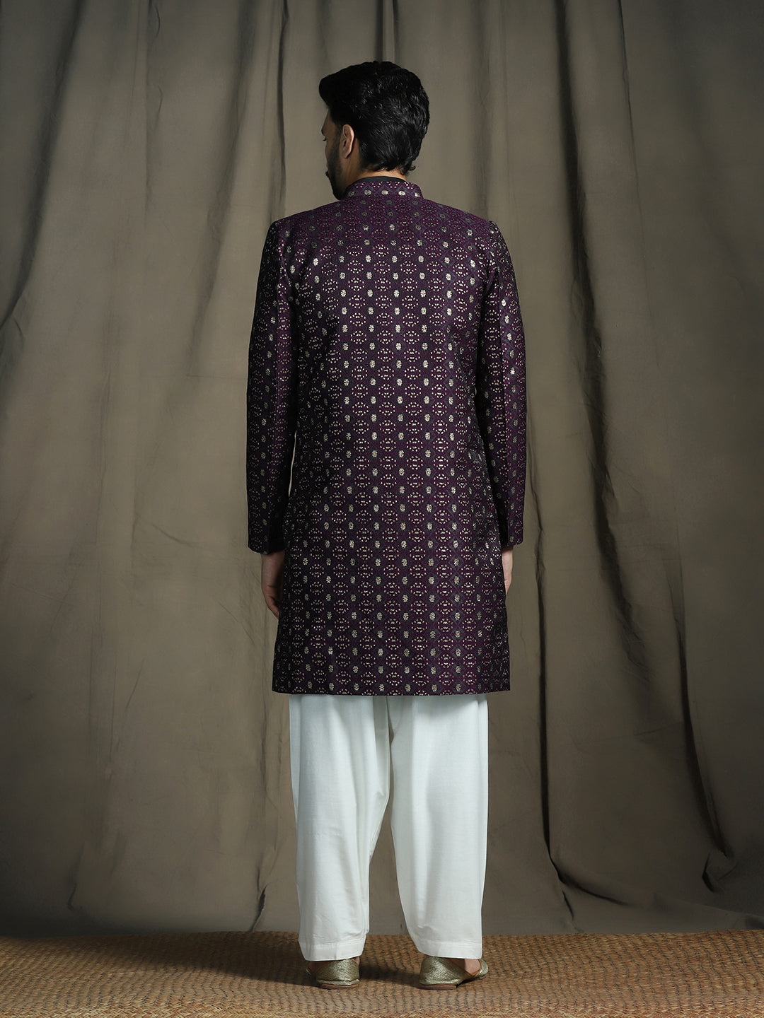 Purple Jacquard Reception Sherwani Set for Men | SHOBITAM