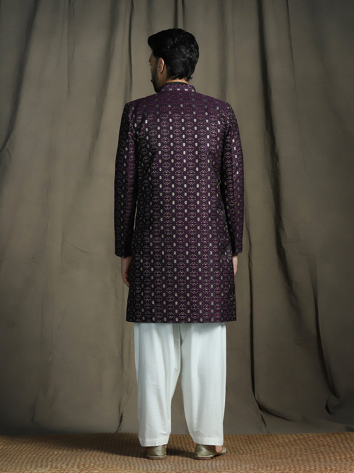 Purple Jacquard Reception Sherwani Set for Men | SHOBITAM