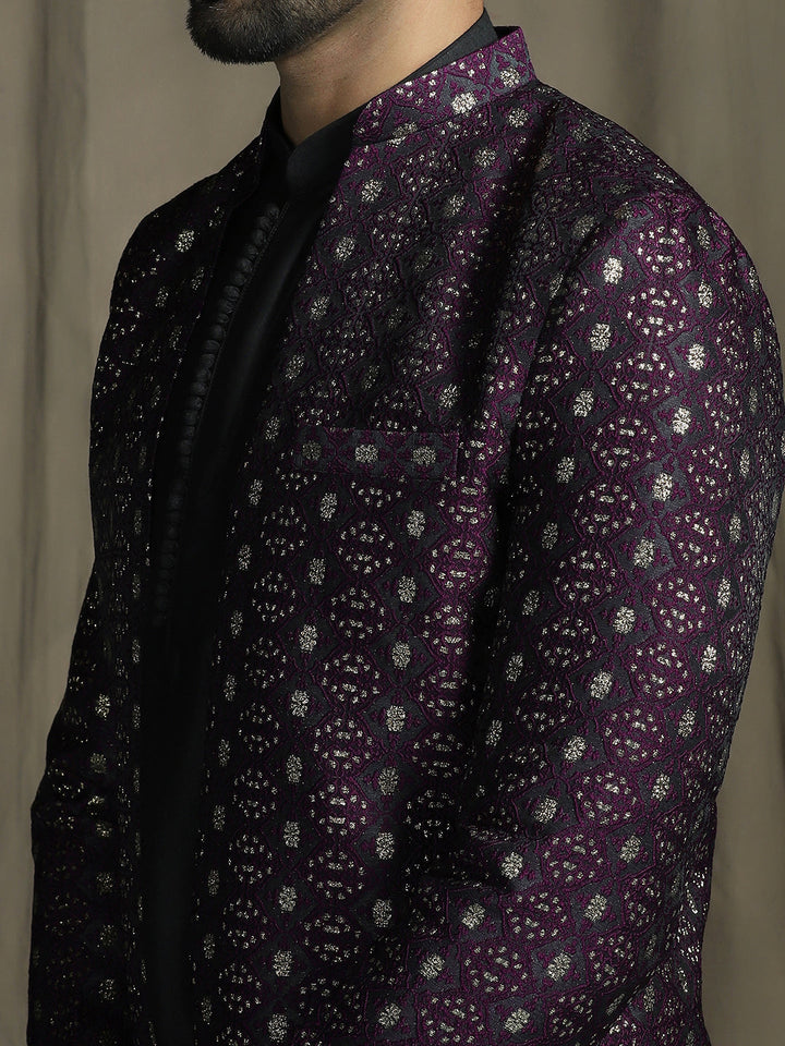 Purple Jacquard Reception Sherwani Set for Men | SHOBITAM