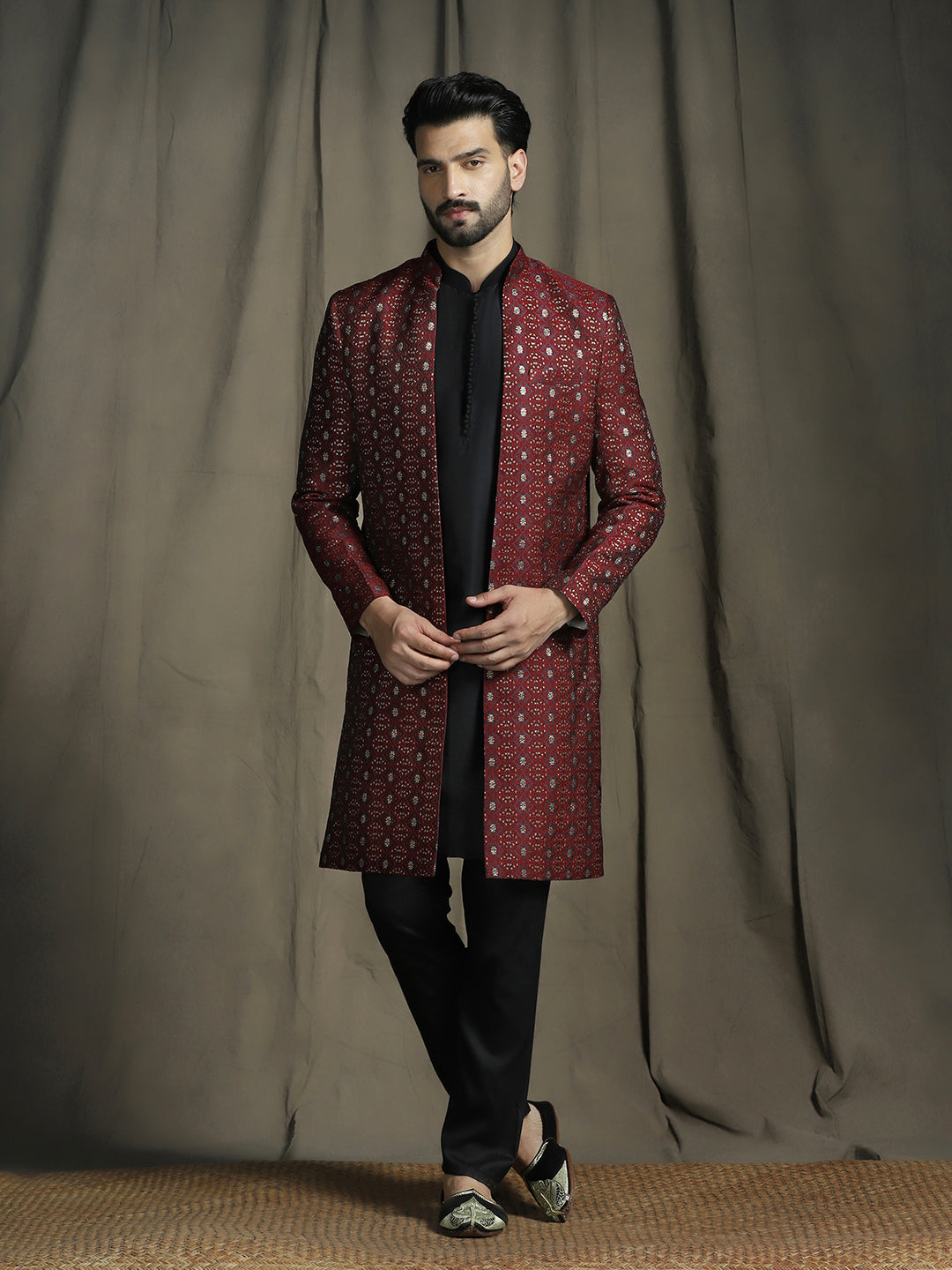 Maroon Jacquard Royal Sherwani Set for Men | SHOBITAM