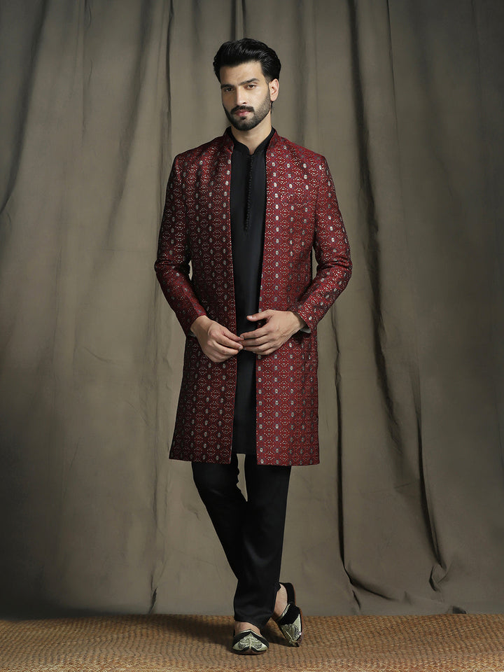 Maroon Jacquard Royal Sherwani Set for Men | SHOBITAM