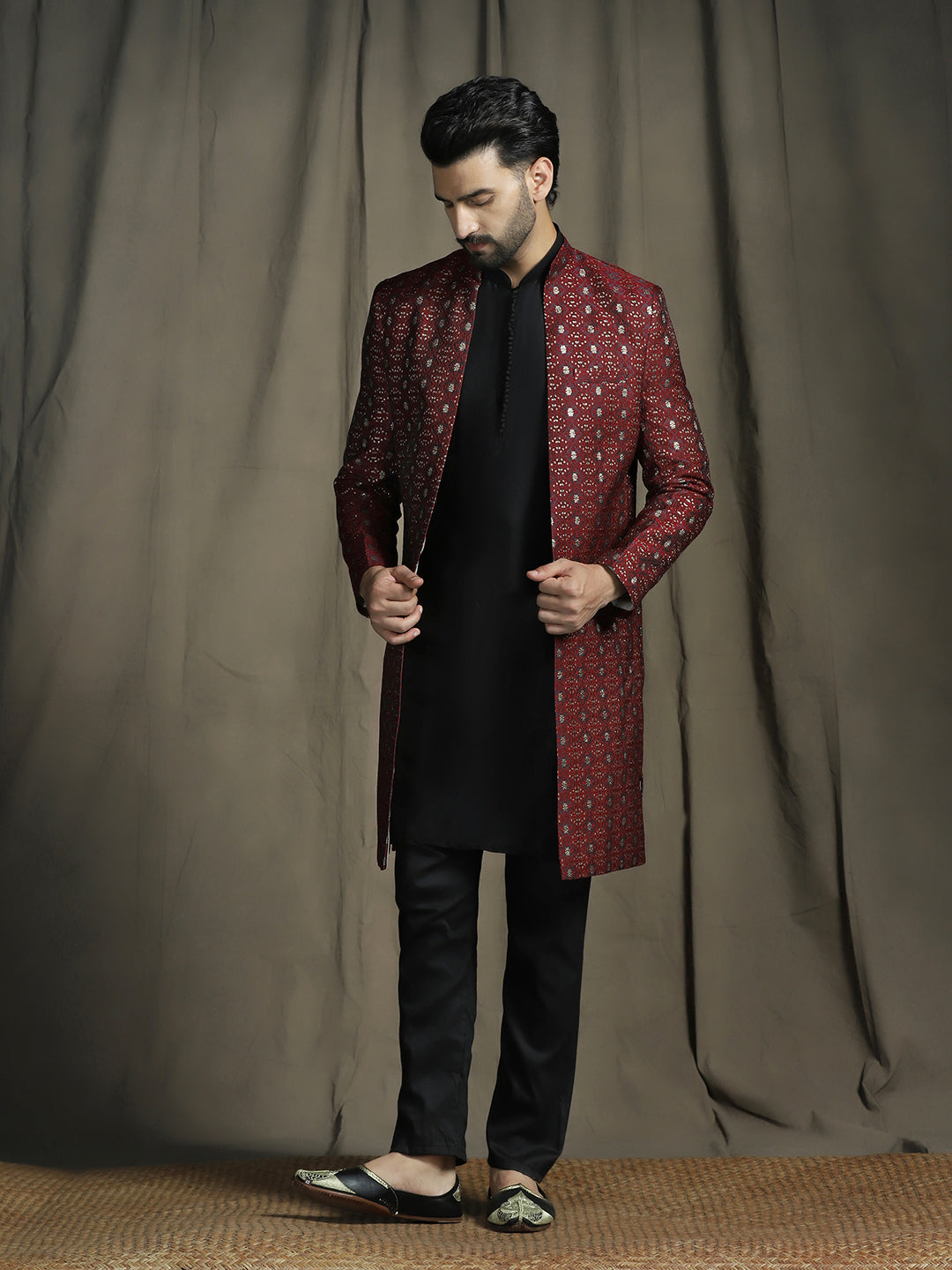 Maroon Jacquard Royal Sherwani Set for Men | SHOBITAM