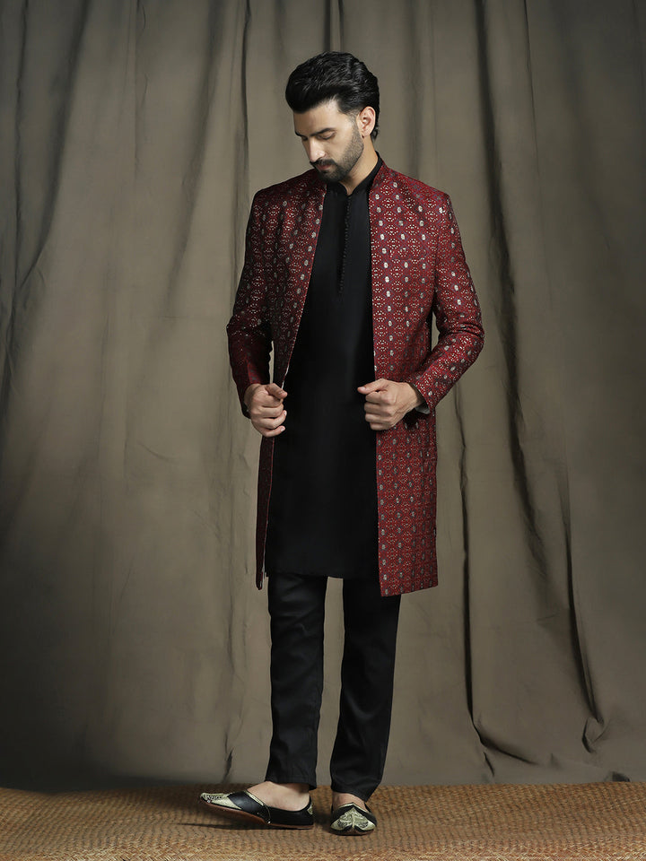 Maroon Jacquard Royal Sherwani Set for Men | SHOBITAM