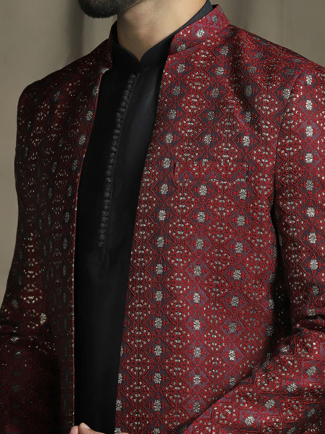 Maroon Jacquard Royal Sherwani Set for Men | SHOBITAM