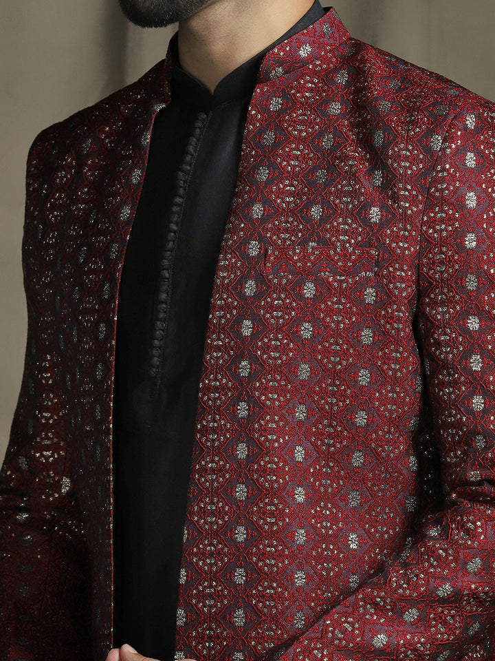 Maroon Jacquard Royal Sherwani Set for Men | SHOBITAM