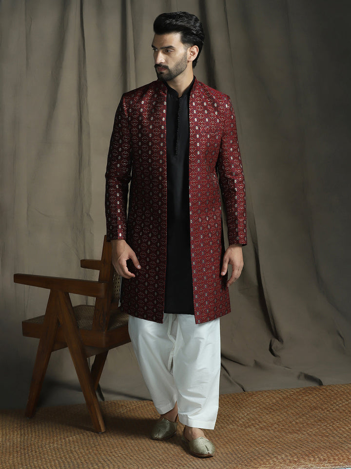 Maroon Jacquard Royal Sherwani Set for Men | SHOBITAM