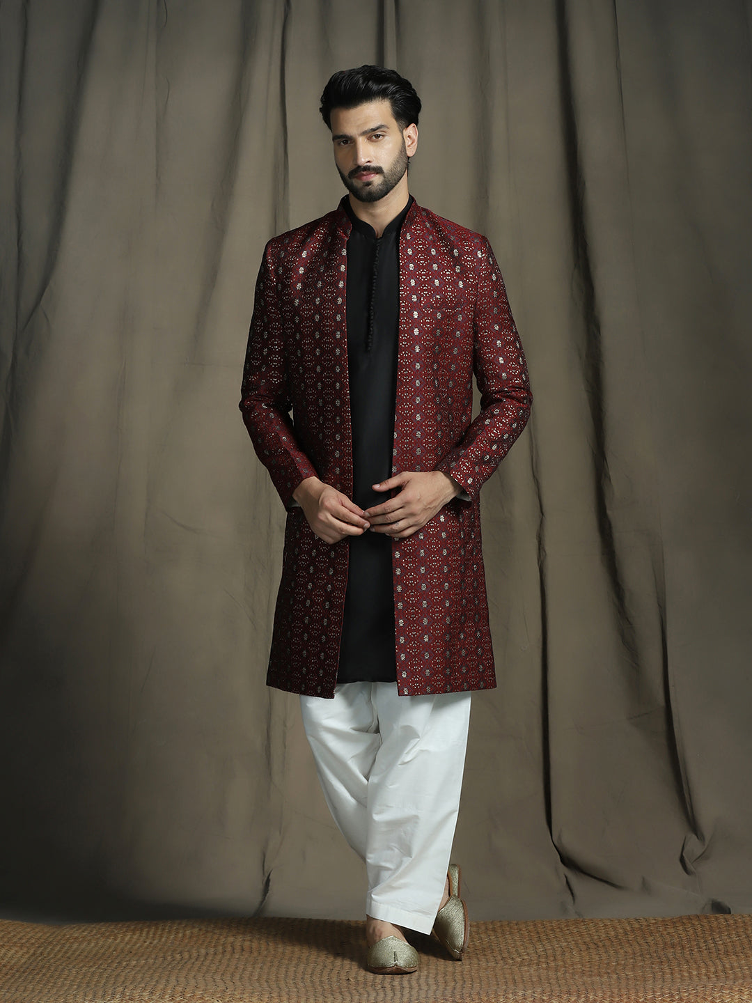 Maroon Jacquard Royal Sherwani Set for Men | SHOBITAM
