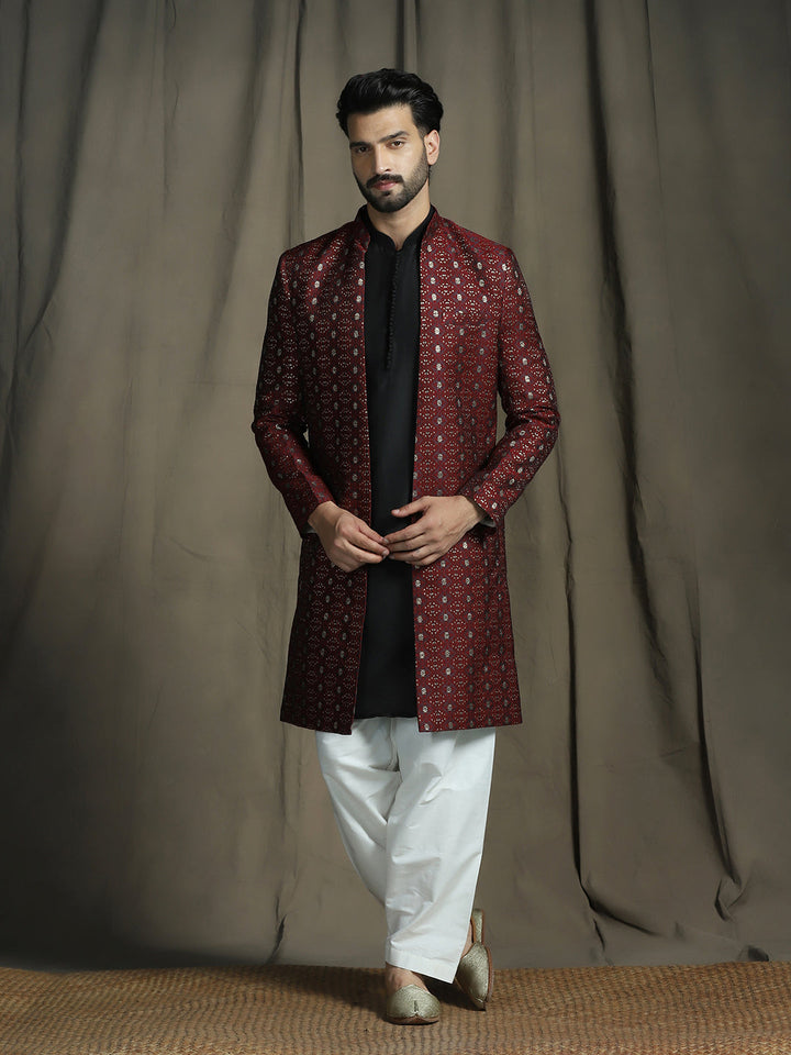 Maroon Jacquard Royal Sherwani Set for Men | SHOBITAM