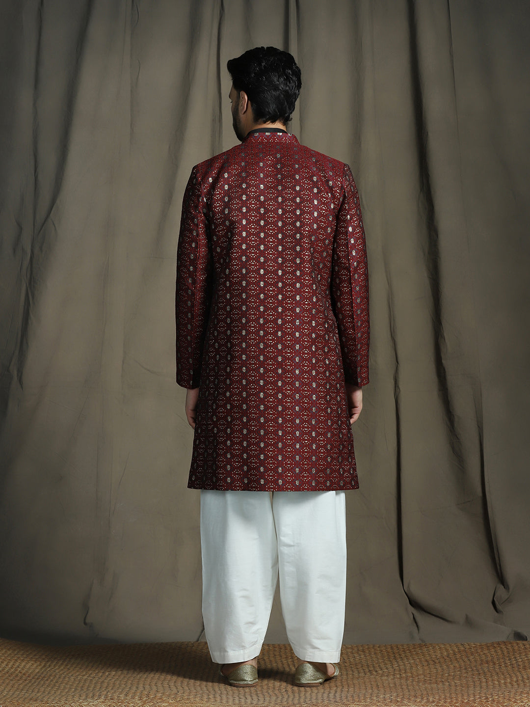 Maroon Jacquard Royal Sherwani Set for Men | SHOBITAM