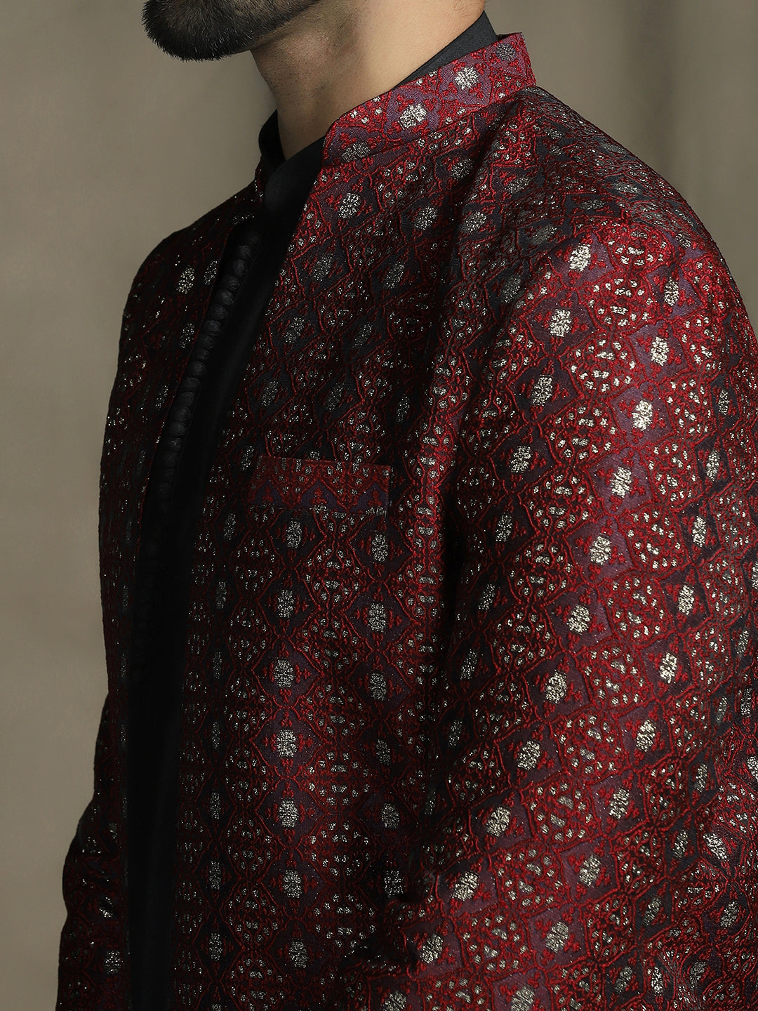 Maroon Jacquard Royal Sherwani Set for Men | SHOBITAM