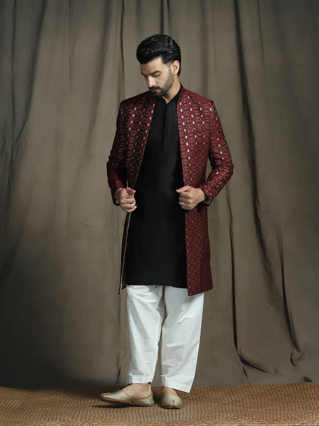 Maroon Jacquard Royal Sherwani Set for Men | SHOBITAM