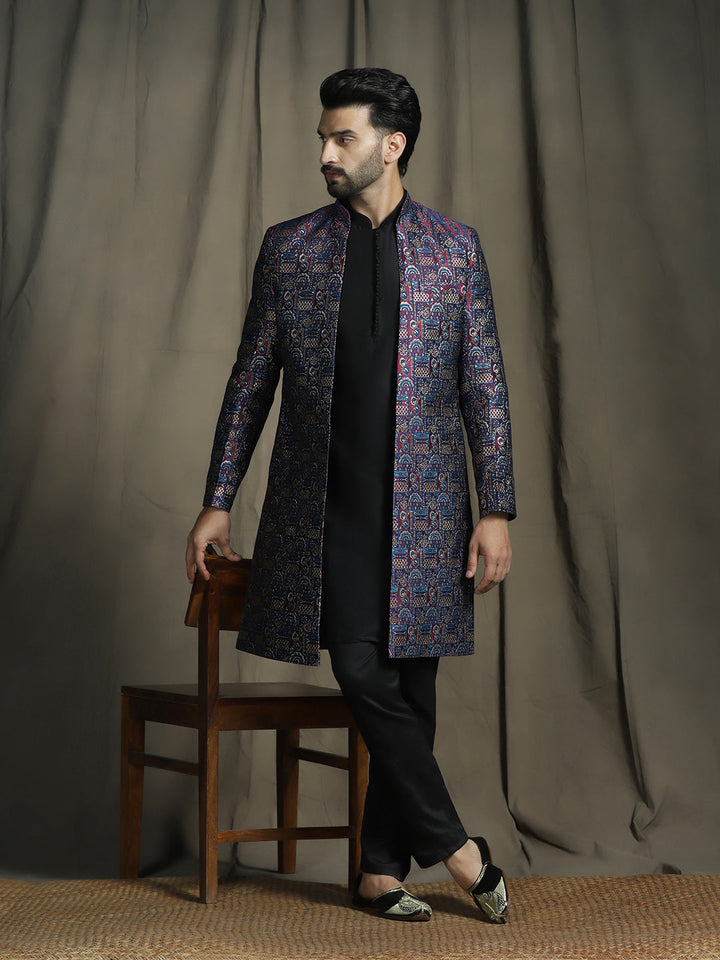 Midnight Blue Jacquard Sherwani Set for Men | SHOBITAM