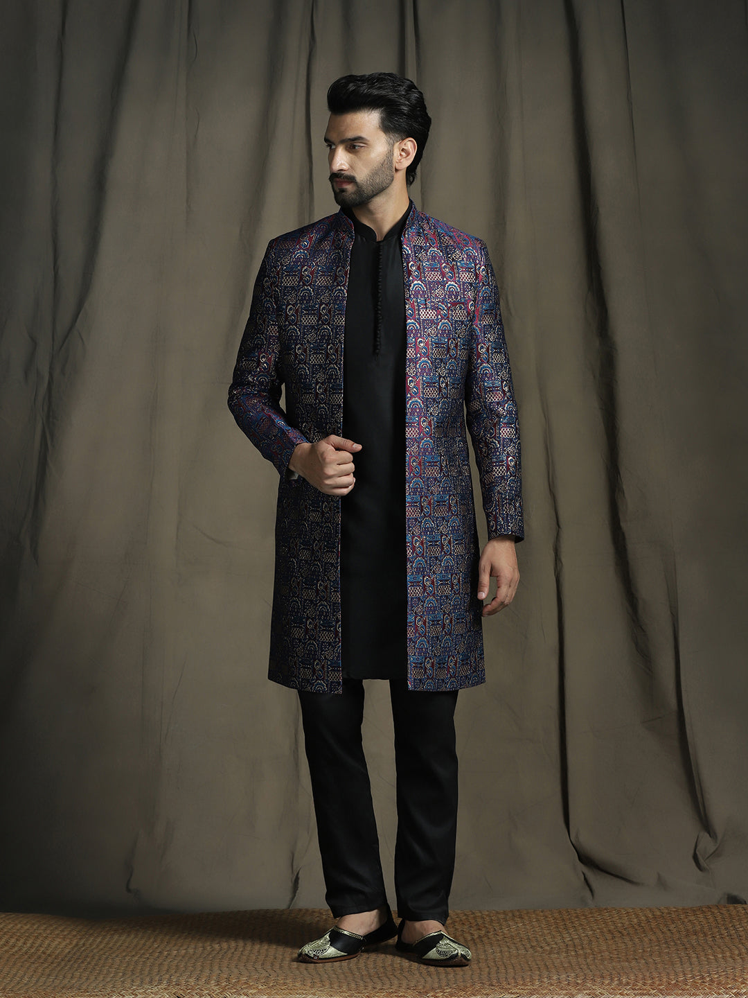 Midnight Blue Jacquard Sherwani Set for Men | SHOBITAM