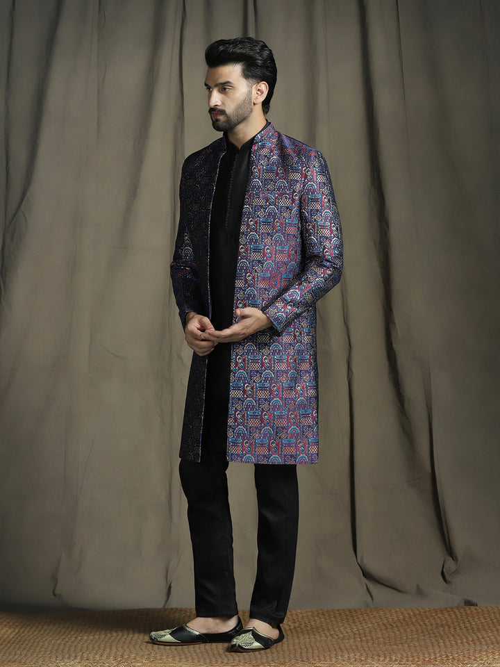 Midnight Blue Jacquard Sherwani Set for Men | SHOBITAM