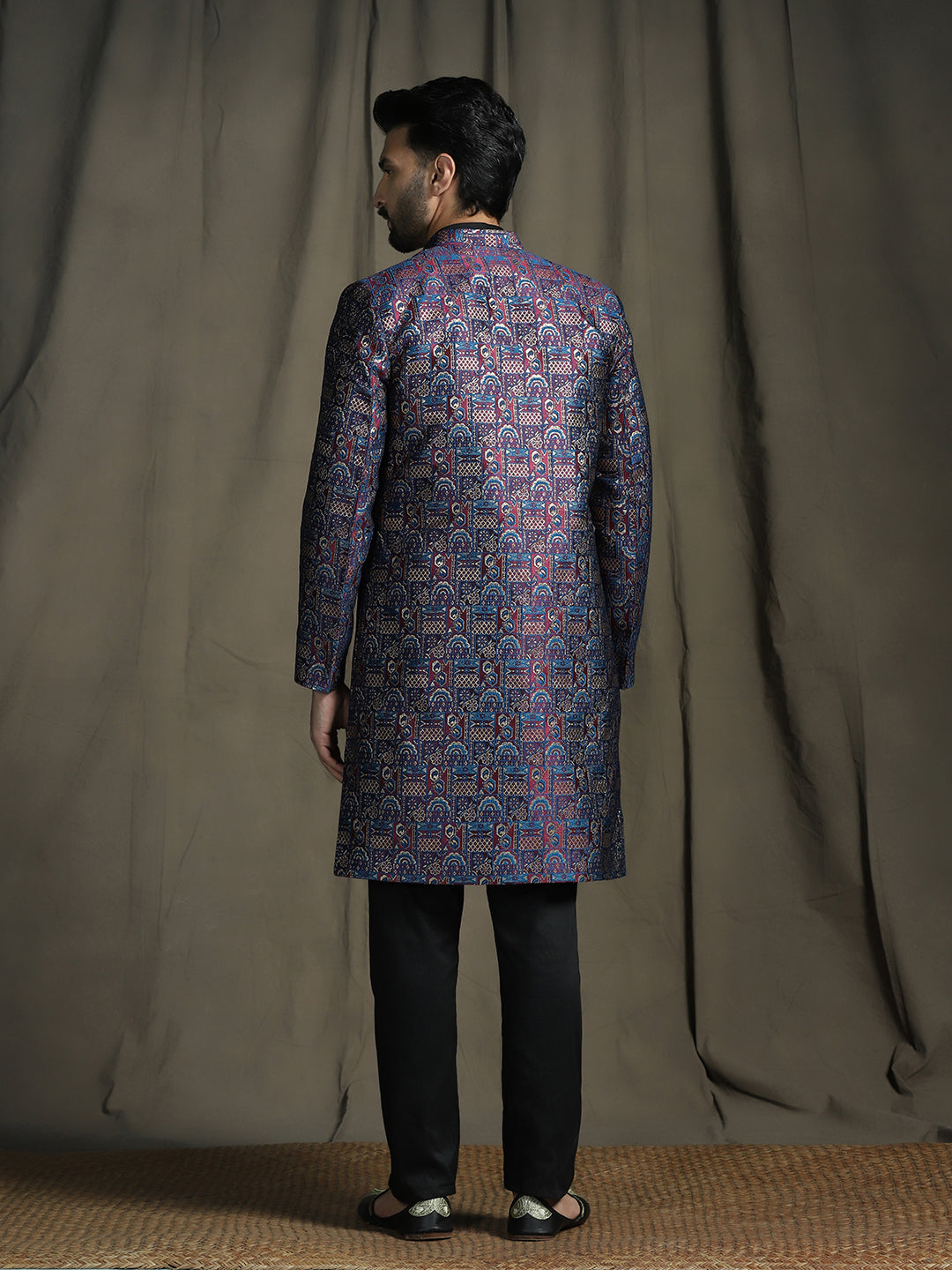 Midnight Blue Jacquard Sherwani Set for Men | SHOBITAM