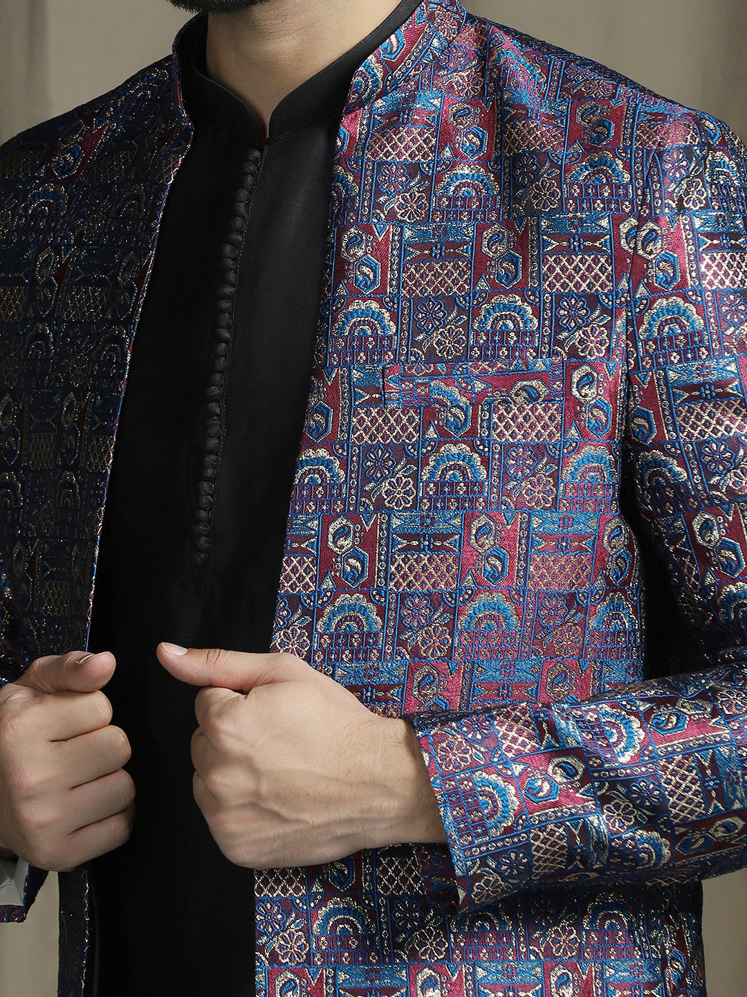 Midnight Blue Jacquard Sherwani Set for Men | SHOBITAM