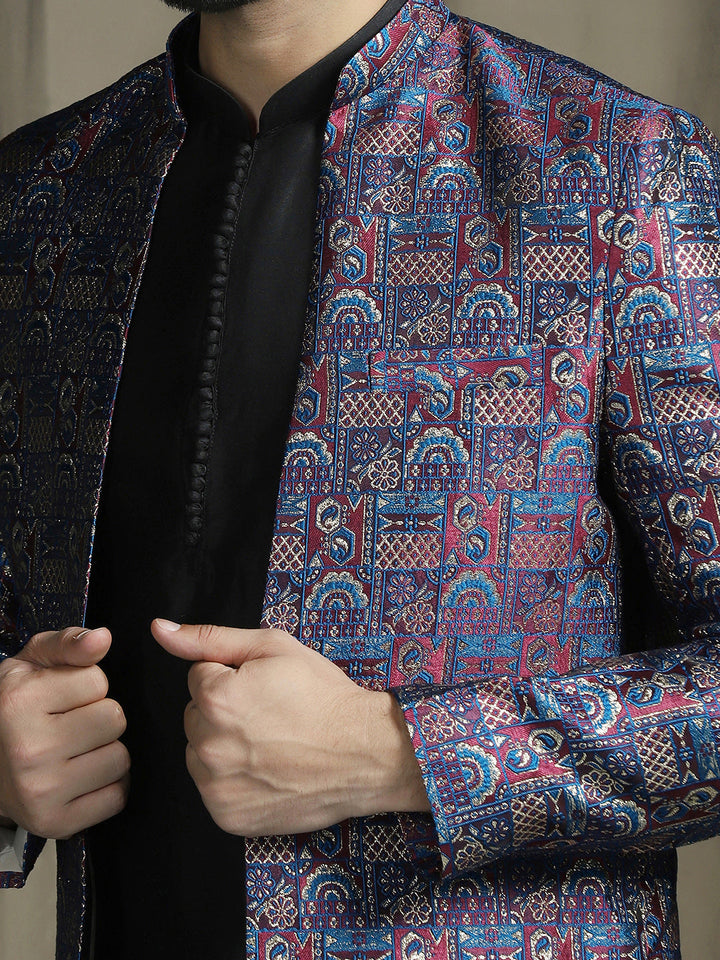 Midnight Blue Jacquard Sherwani Set for Men | SHOBITAM