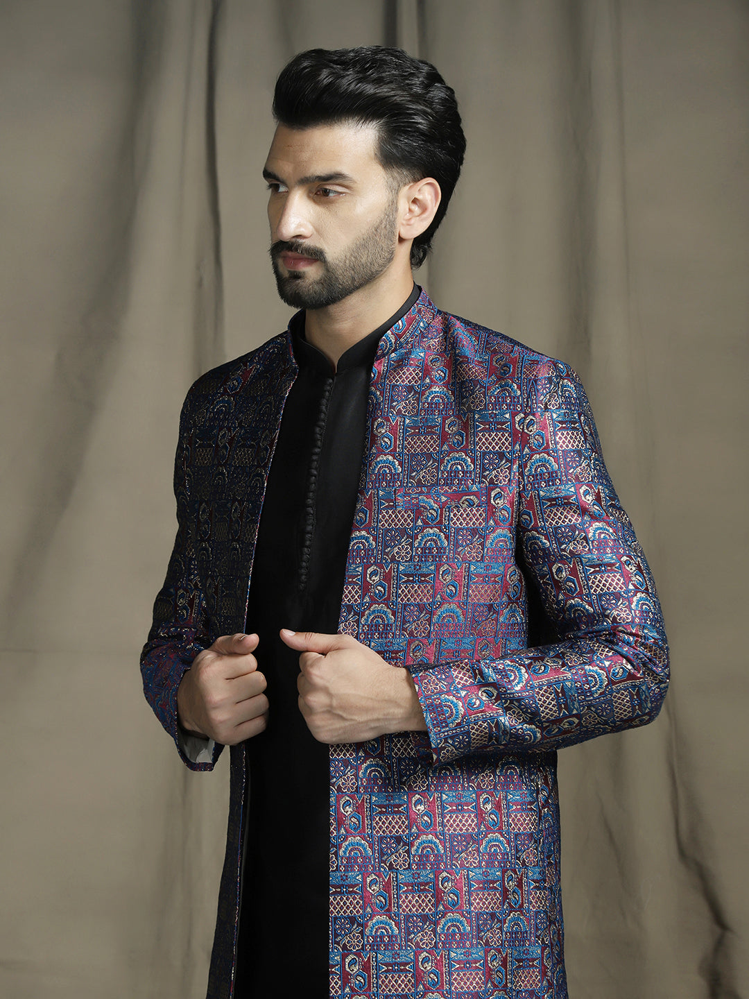 Midnight Blue Jacquard Sherwani Set for Men | SHOBITAM
