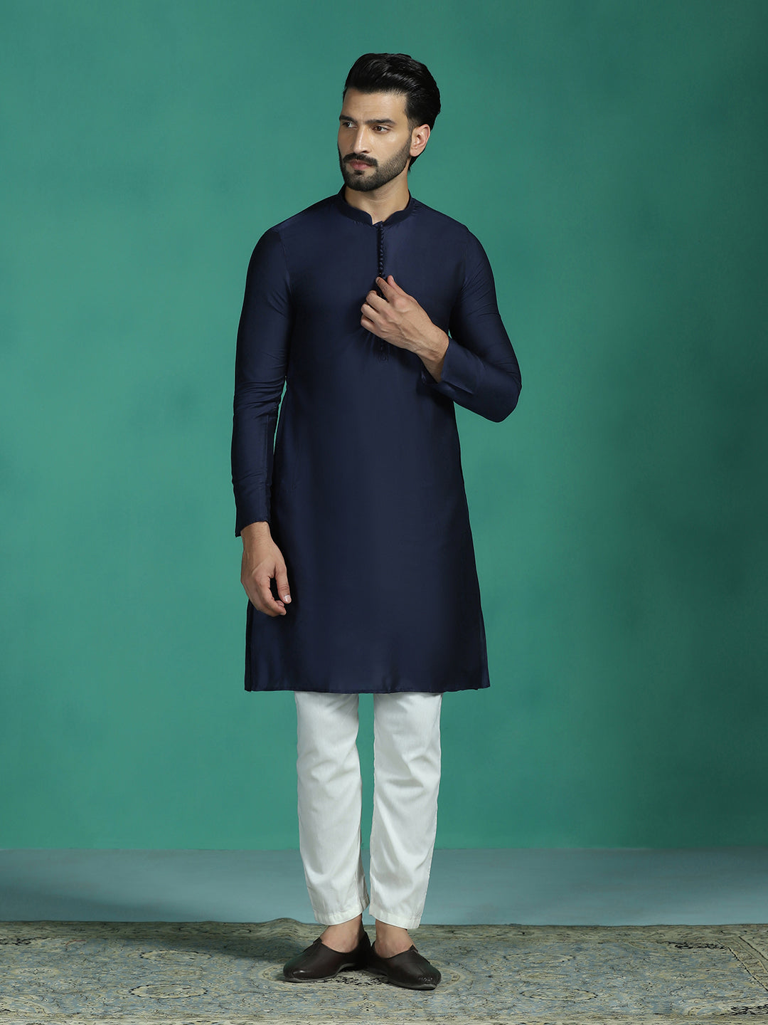 Navy Ink Viscose Kurta Set for Men | SHOBITAM