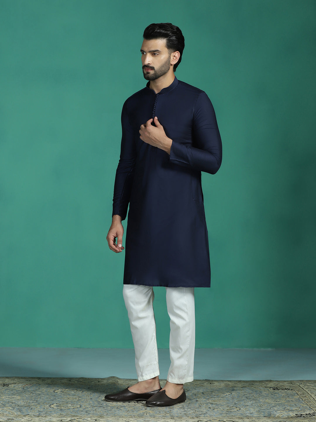 Navy Ink Viscose Kurta Set for Men | SHOBITAM