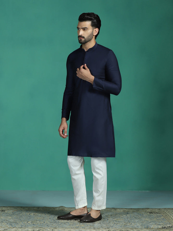 Navy Ink Viscose Kurta Set for Men | SHOBITAM