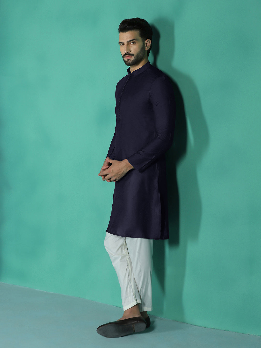 Navy Ink Viscose Kurta Set for Men | SHOBITAM