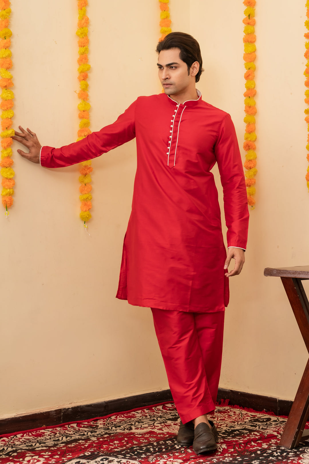 Abeer Crimson Viscose Kurta Set for Men | SHOBITAM