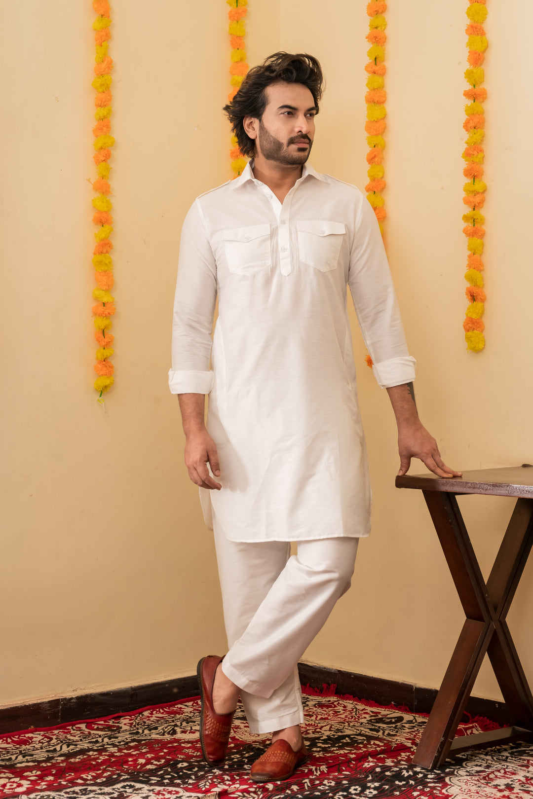 White Dove Pathani Viscose Kurta Set for Men | SHOBITAM