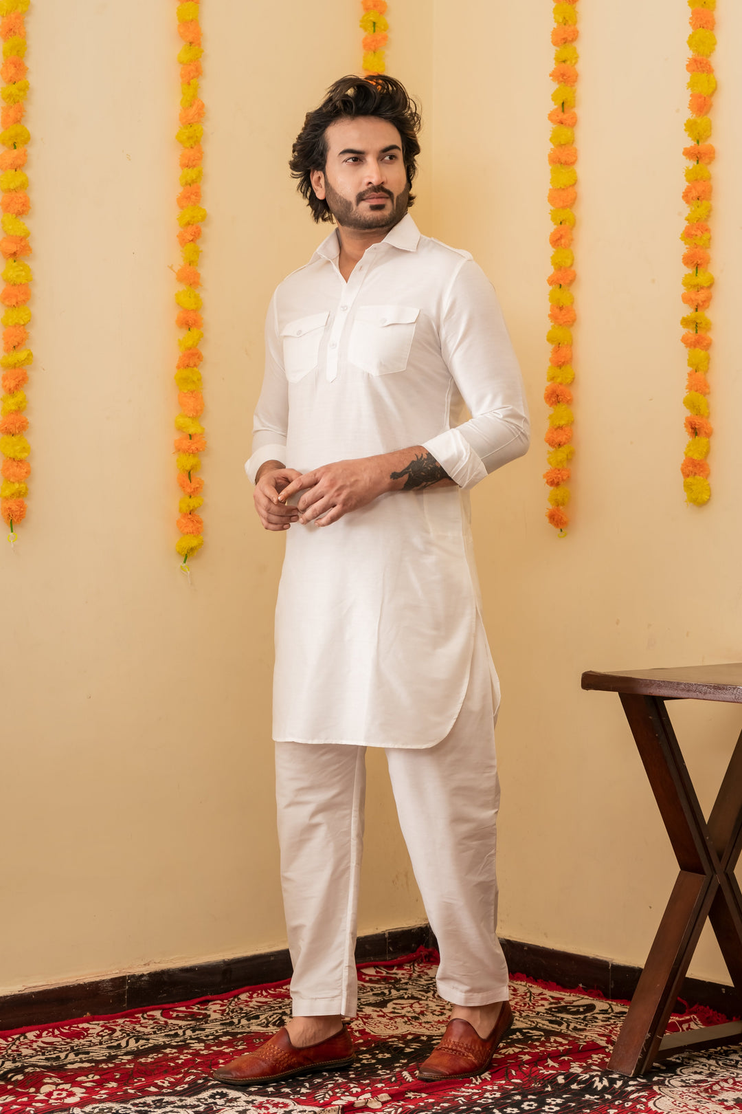 White Dove Pathani Viscose Kurta Set for Men | SHOBITAM