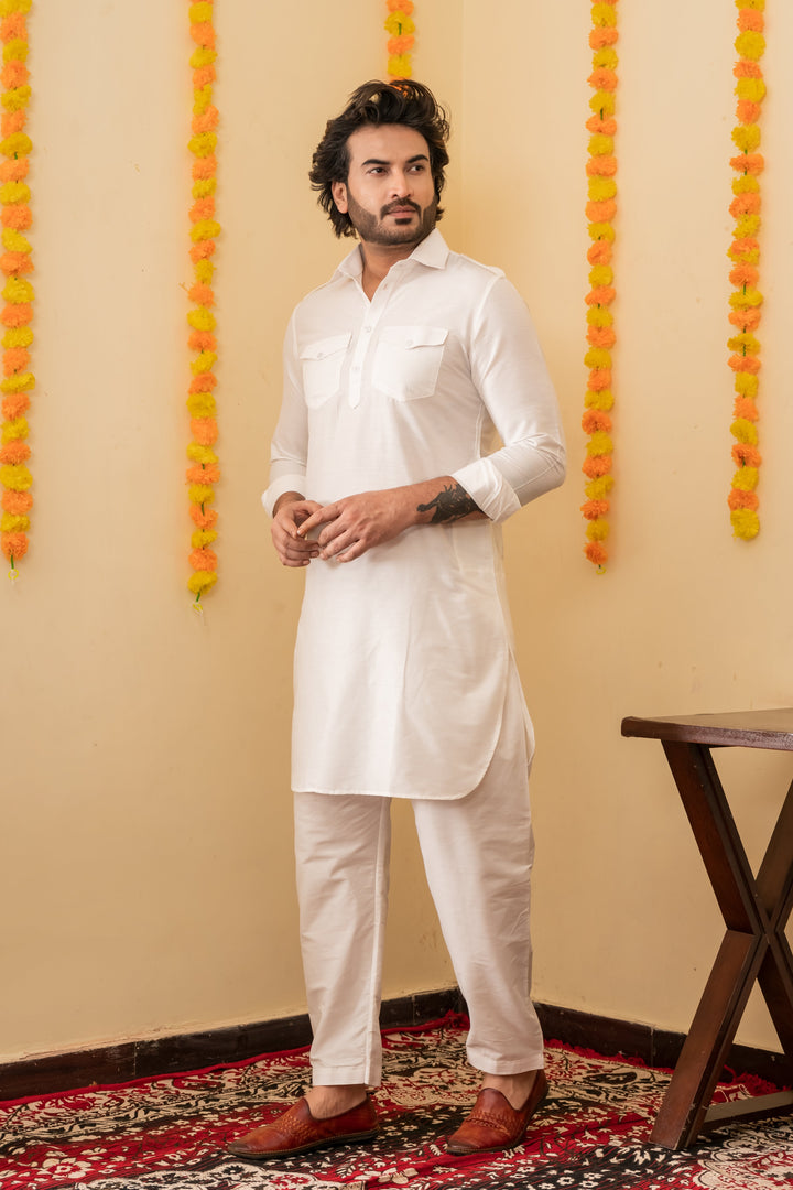 White Dove Pathani Viscose Kurta Set for Men | SHOBITAM