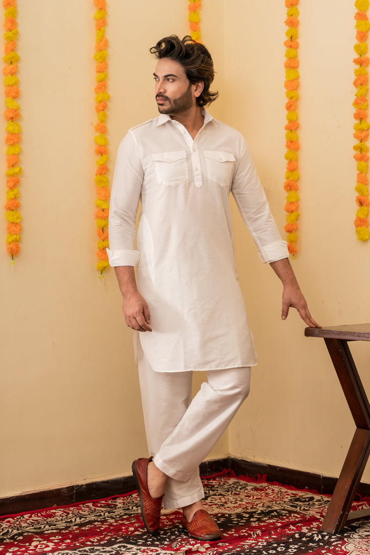 White Dove Pathani Viscose Kurta Set for Men | SHOBITAM