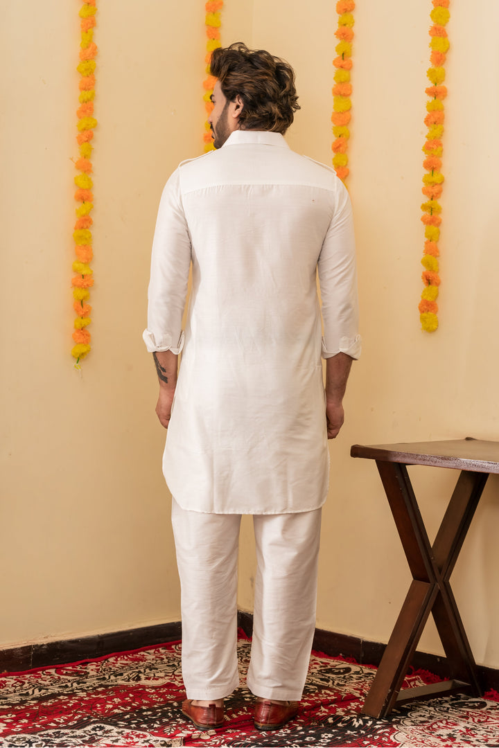 White Dove Pathani Viscose Kurta Set for Men | SHOBITAM