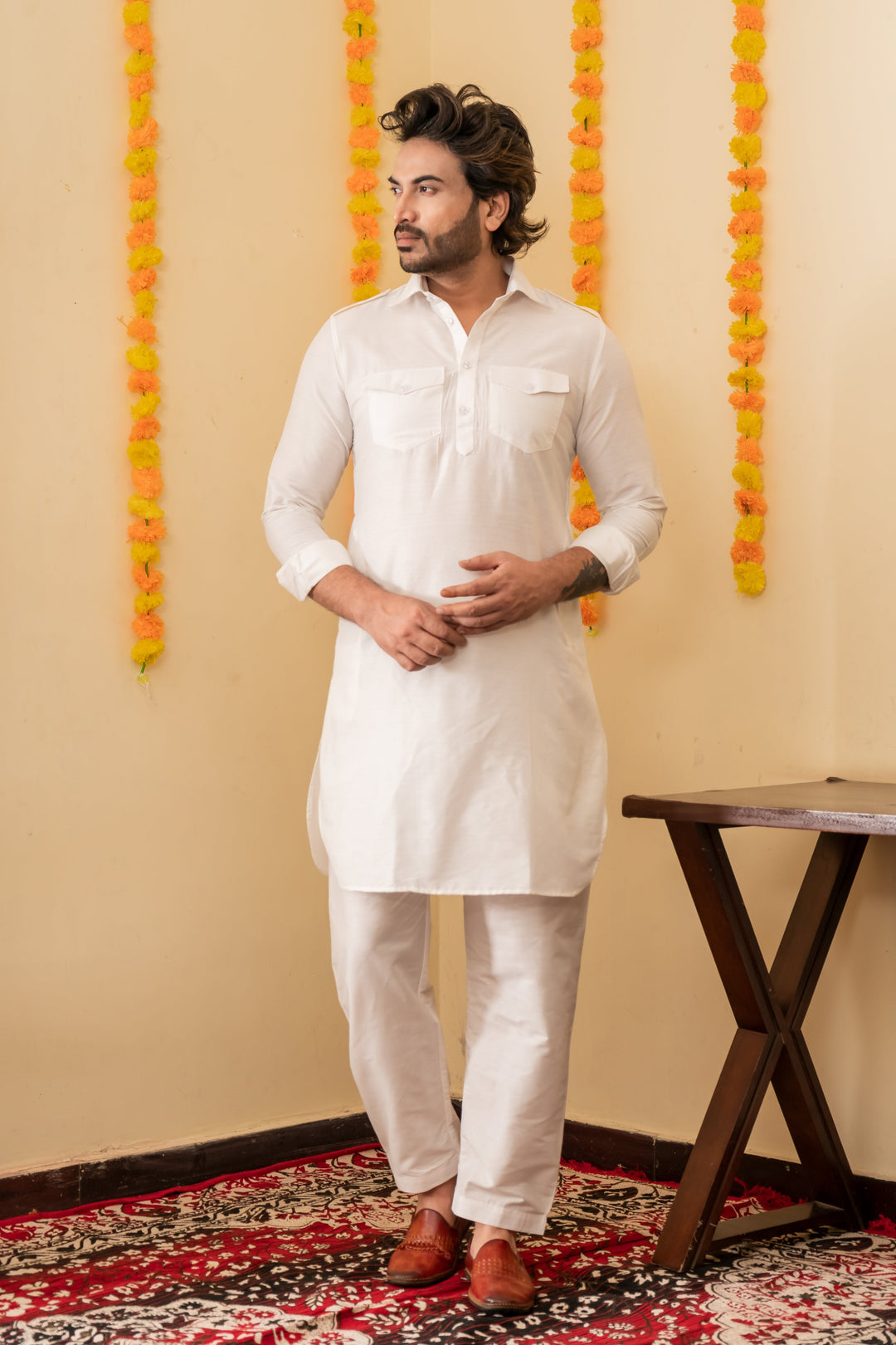 White Dove Pathani Viscose Kurta Set for Men | SHOBITAM