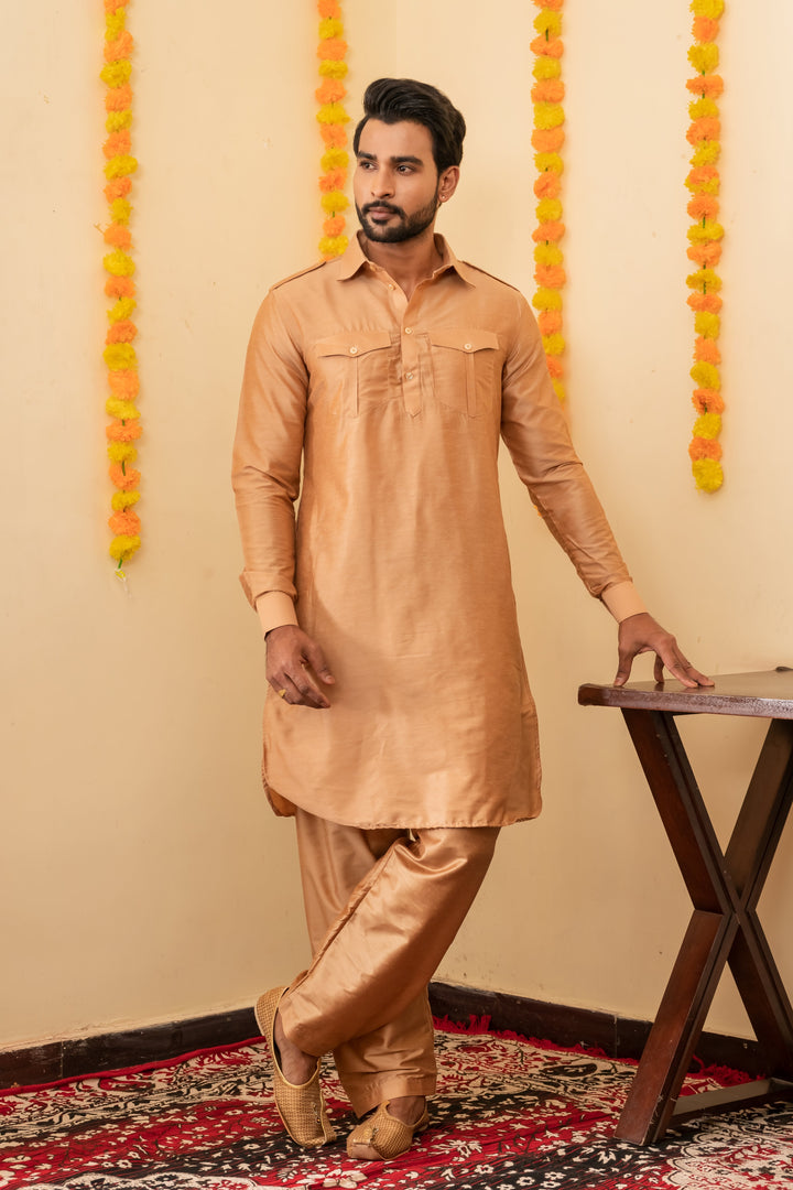 Zoravar Gold Pathani Viscose Kurta Set for Men | SHOBITAM