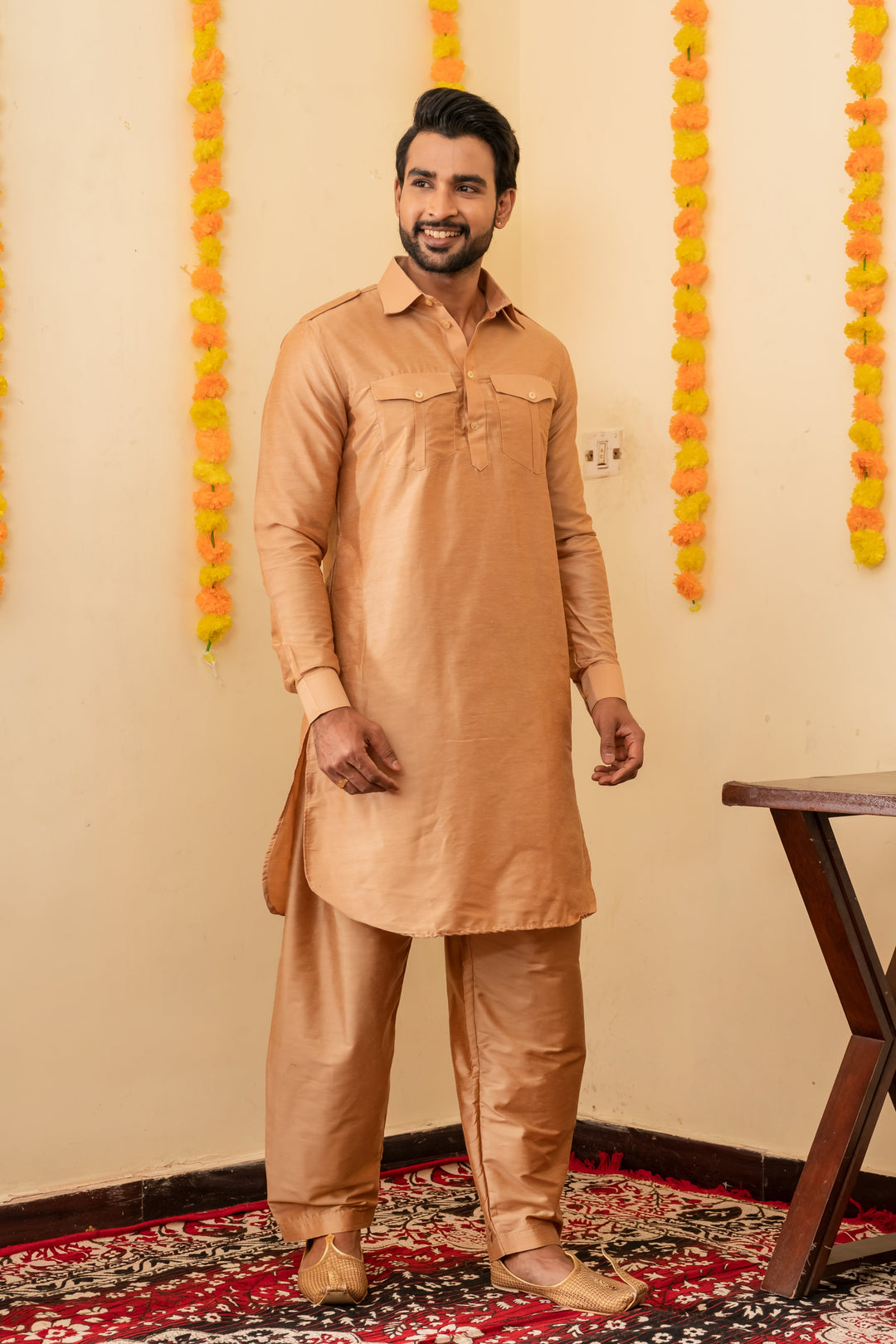 Zoravar Gold Pathani Viscose Kurta Set for Men | SHOBITAM