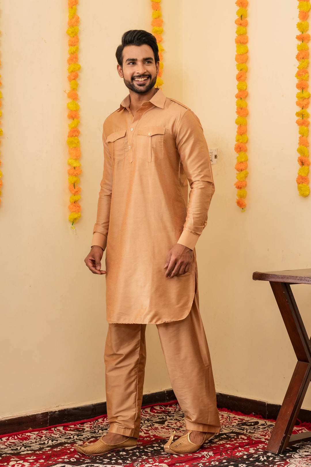 Zoravar Gold Pathani Viscose Kurta Set for Men | SHOBITAM