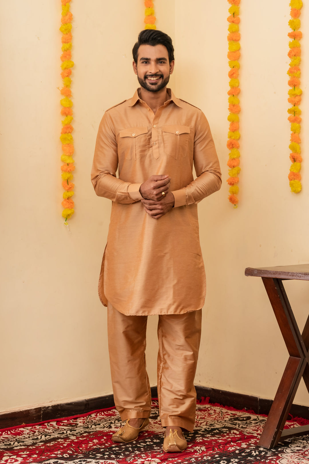Zoravar Gold Pathani Viscose Kurta Set for Men | SHOBITAM