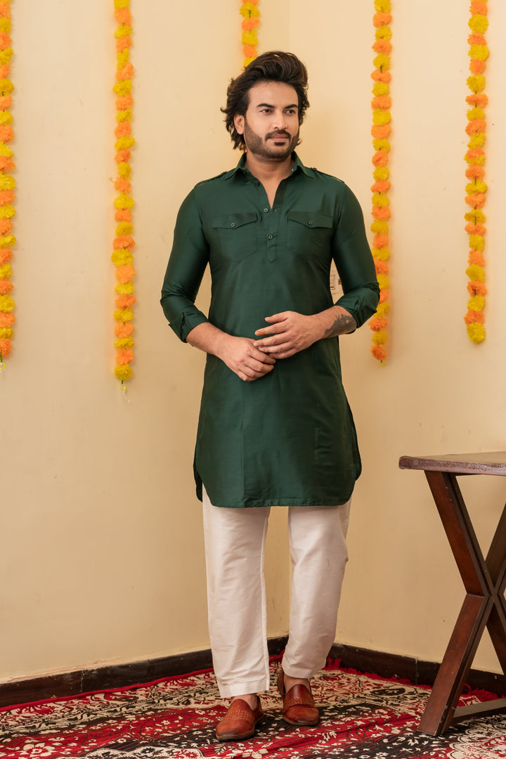 Midnight Blue Pathani Viscose Kurta Set for Men | SHOBITAM