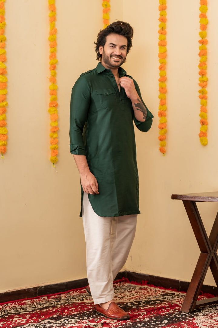 Midnight Blue Pathani Viscose Kurta Set for Men | SHOBITAM