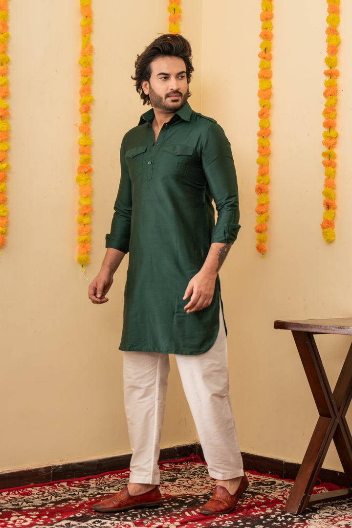 Midnight Blue Pathani Viscose Kurta Set for Men | SHOBITAM