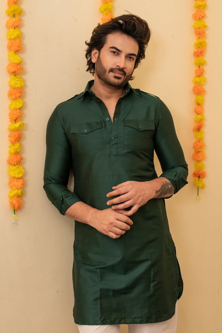 Midnight Blue Pathani Viscose Kurta Set for Men | SHOBITAM