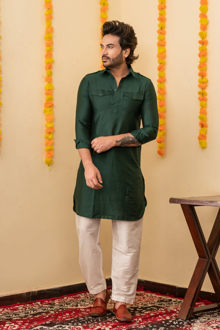 Midnight Blue Pathani Viscose Kurta Set for Men | SHOBITAM