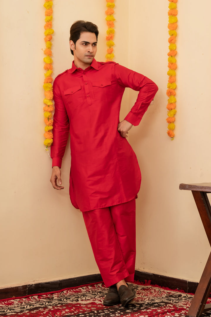 Laal Rang Pathani Viscose Kurta Set for Men | SHOBITAM