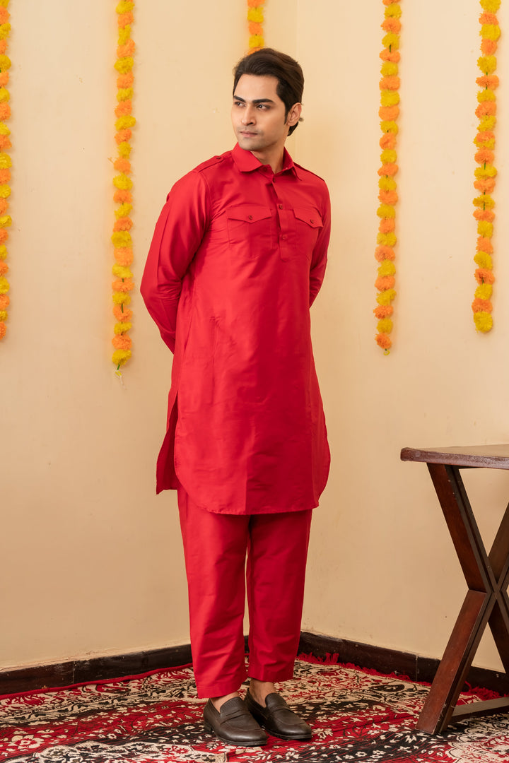 Laal Rang Pathani Viscose Kurta Set for Men | SHOBITAM