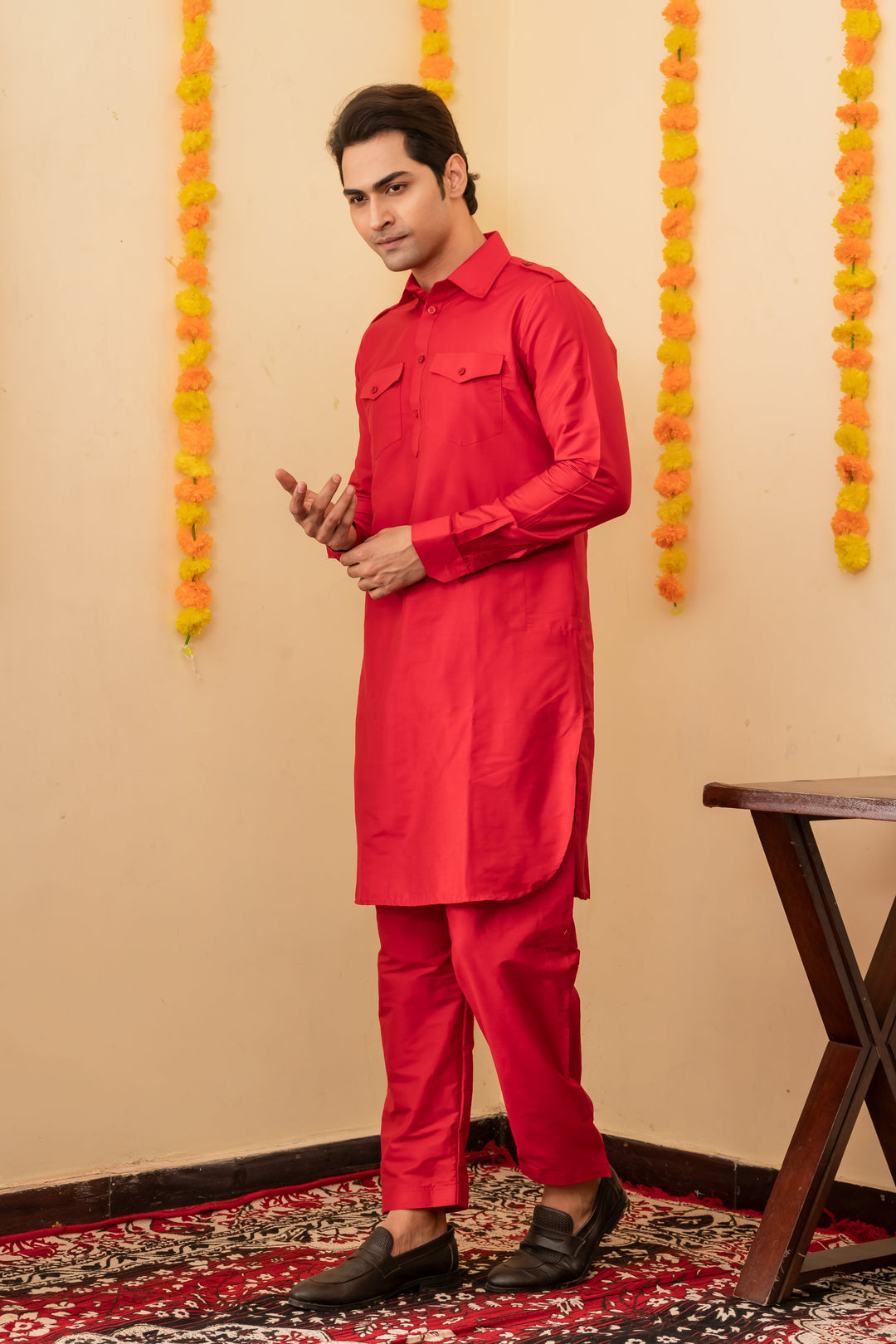 Laal Rang Pathani Viscose Kurta Set for Men | SHOBITAM