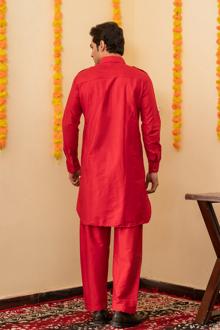 Laal Rang Pathani Viscose Kurta Set for Men | SHOBITAM
