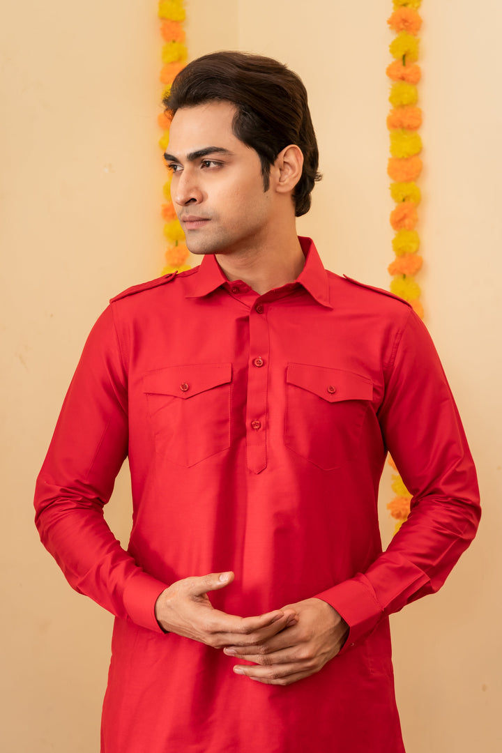 Laal Rang Pathani Viscose Kurta Set for Men | SHOBITAM