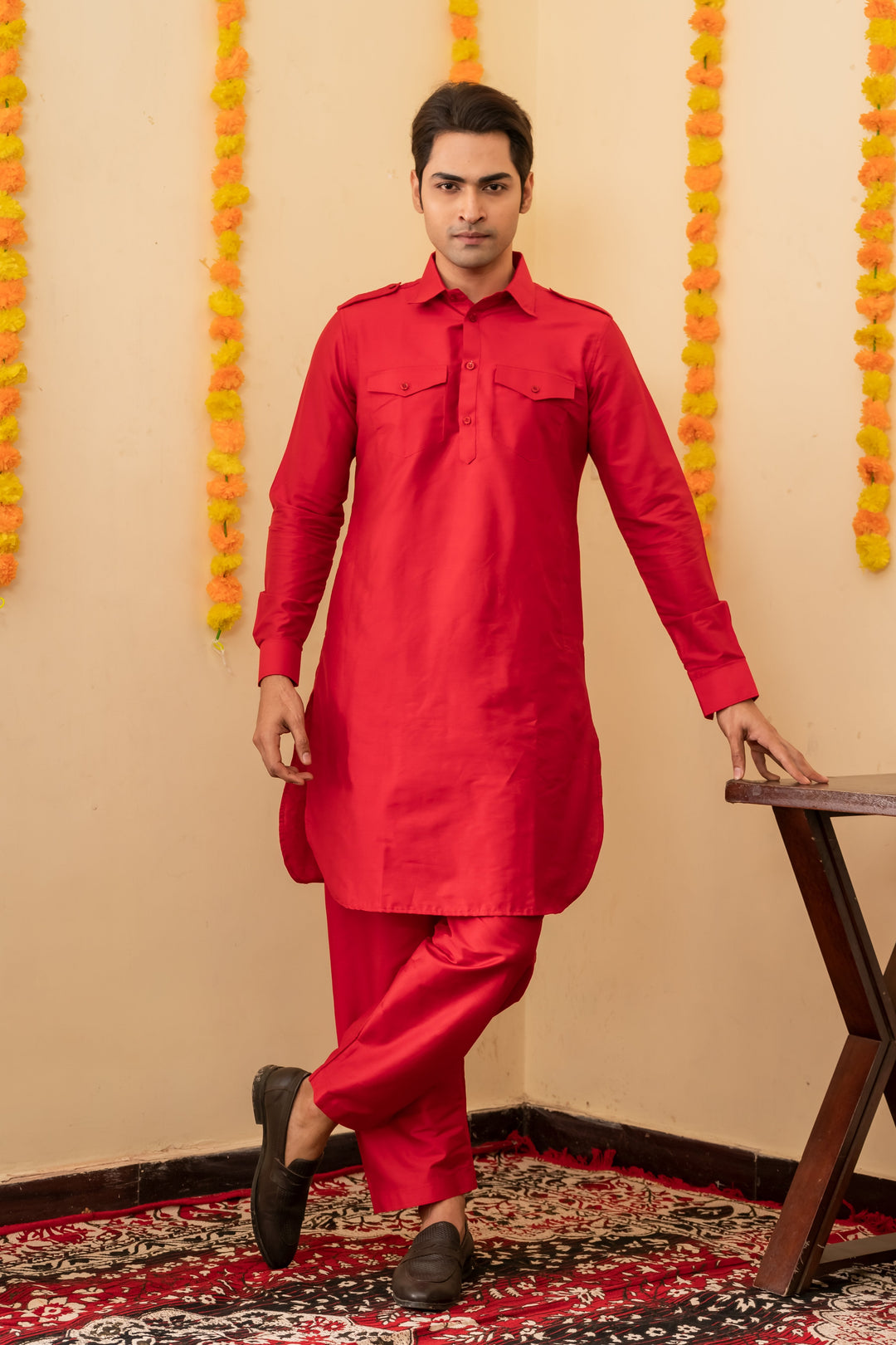 Laal Rang Pathani Viscose Kurta Set for Men | SHOBITAM